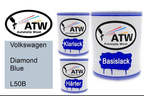 Volkswagen, Diamond Blue, L50B: 1L Lackdose + 1L Klarlack + 500ml Härter - Set, von ATW Autoteile West.